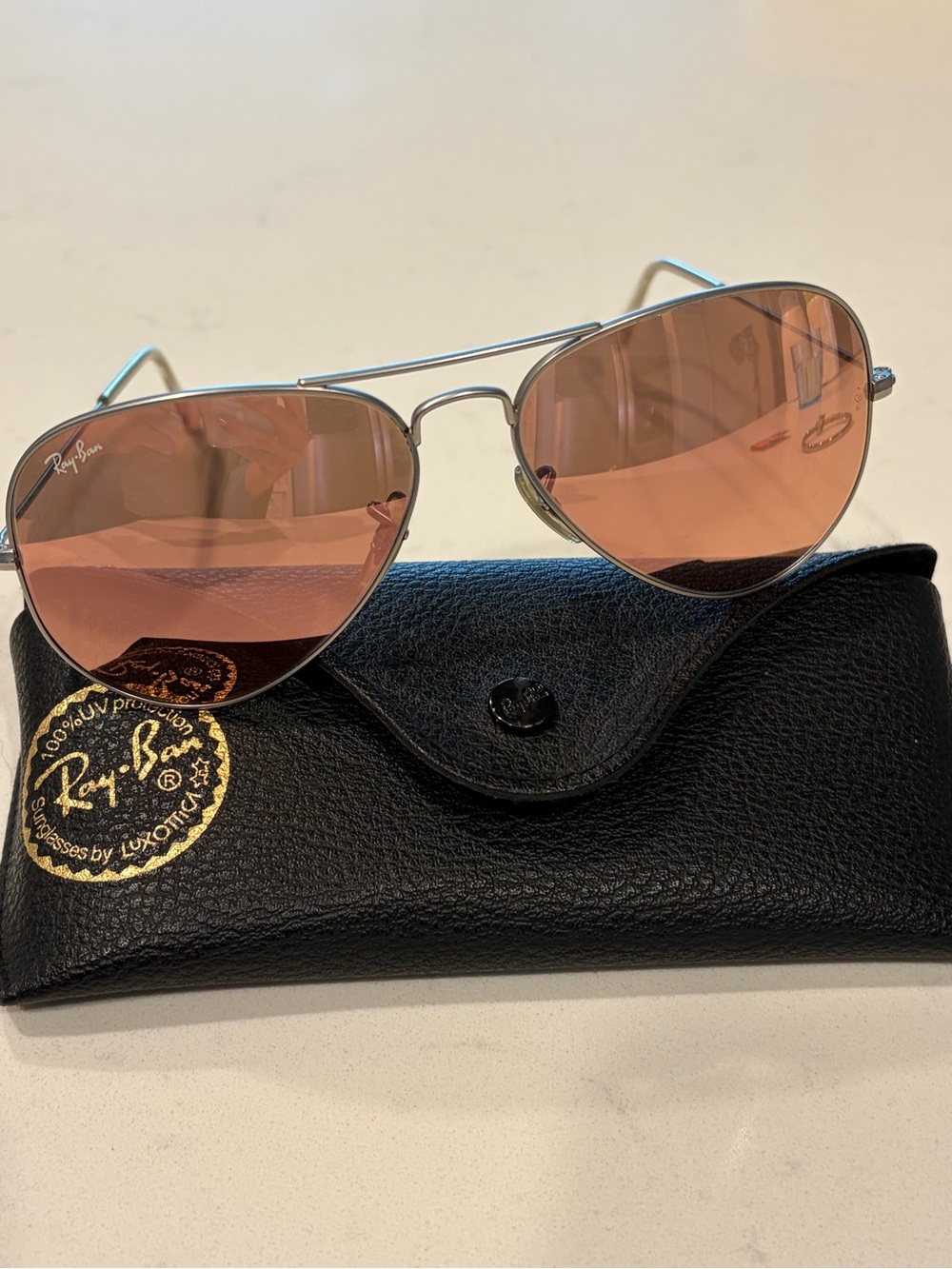 Ray-Ban Men’s Aviator Sunglasses in Pink Lens with Silver Frame